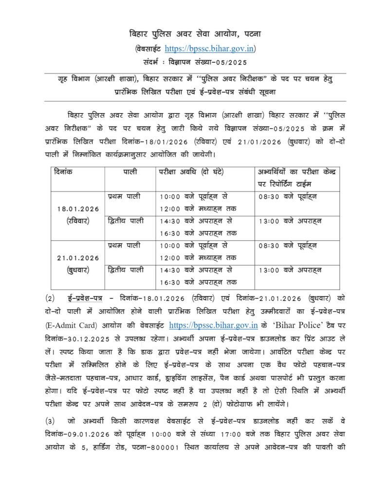 Bihar Police SI 1799 Post Exam Date Notice