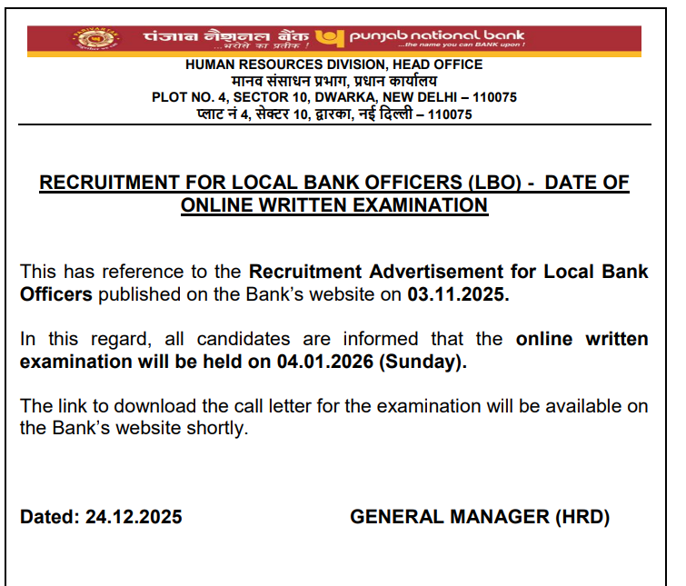 PNB LBO Admit Card 2026