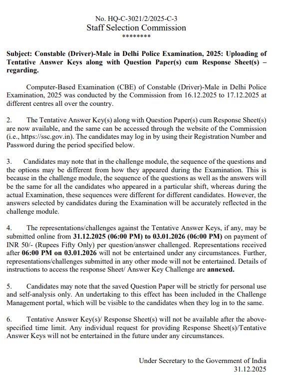 Delhi Police Driver Answer Key 2025