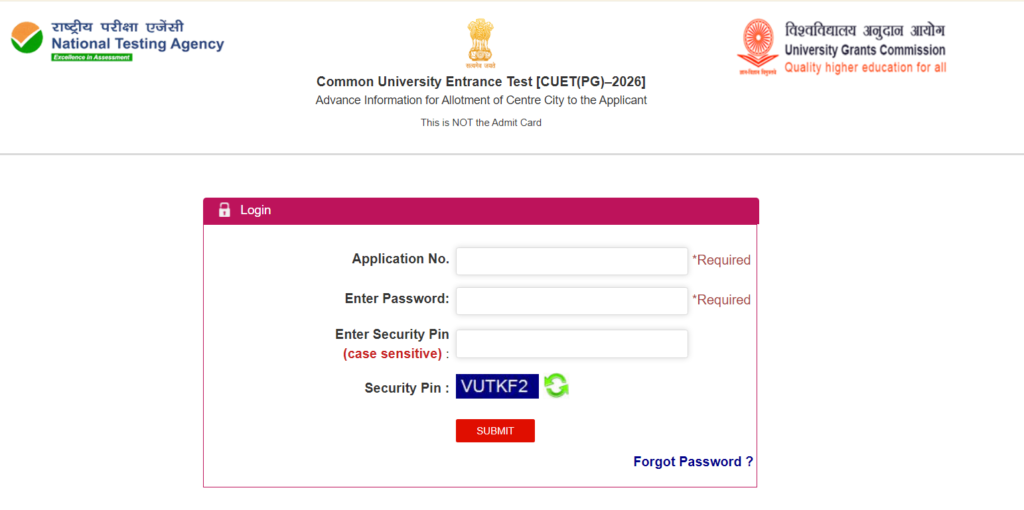 CUET PG Exam City Intimation Slip, Admit Card 2026