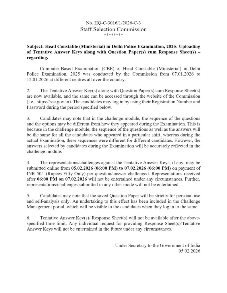 Delhi Police Head Constable (Min) Answer Key 2025