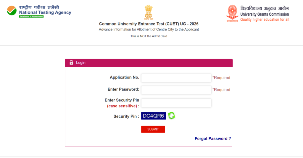 CUET UG 2026 Exam City Intimation Slip