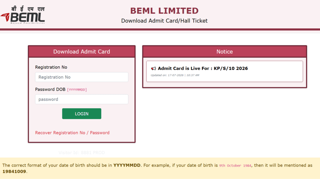 BEML Operator Admit Card 2026