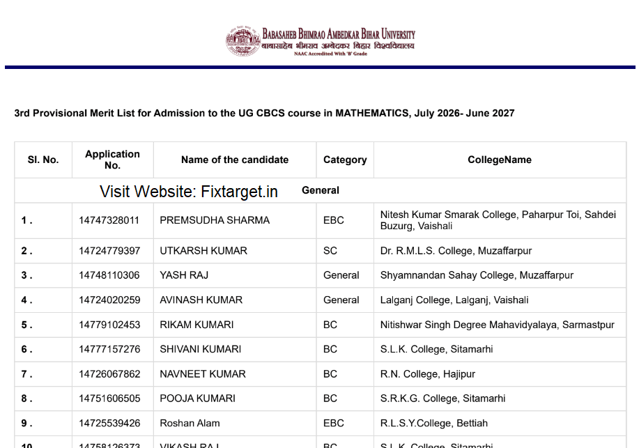 BRABU UG 3rd Merit List 2026-30