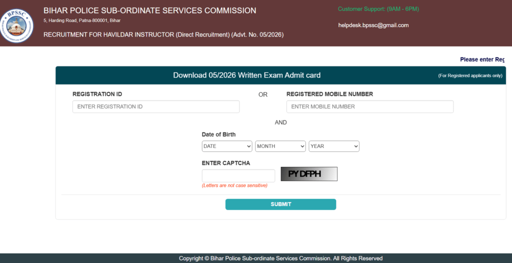 Bihar Police Havildar Instructor Admit Card