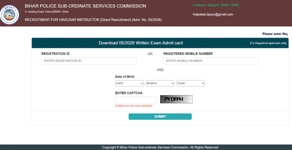 Bihar Police Havildar Instructor Admit Card
