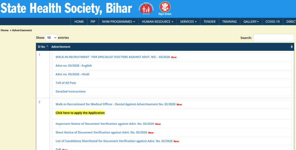 Bihar SHS Specialist Doctor Recruitment 2026