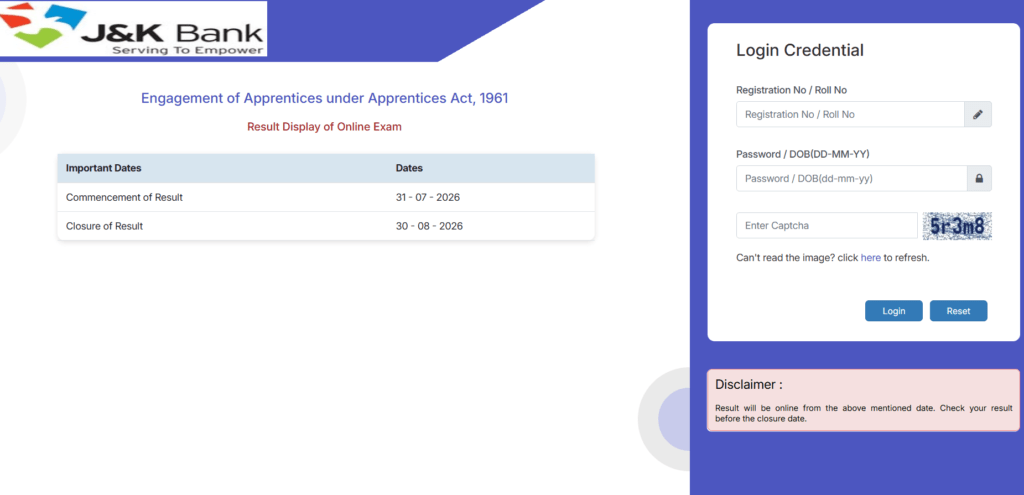JK Bank Apprentice Result 2026