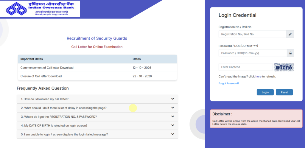 IOB Bank Security Guard Admit Card 2026