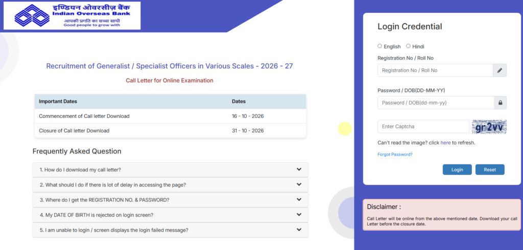 IOB SO Admit Card 2026